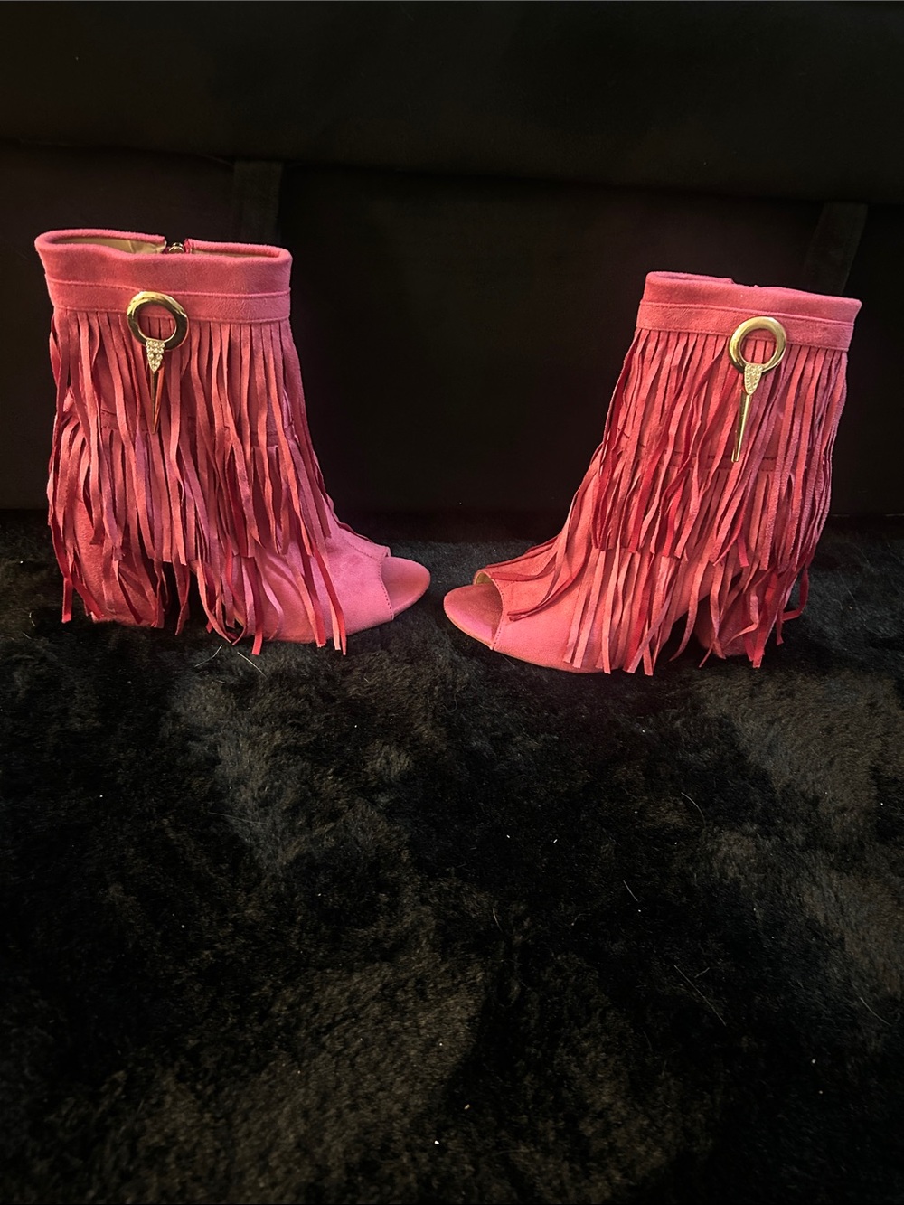 SHEIN Pink Fringe Open-Toe Ankle Booties